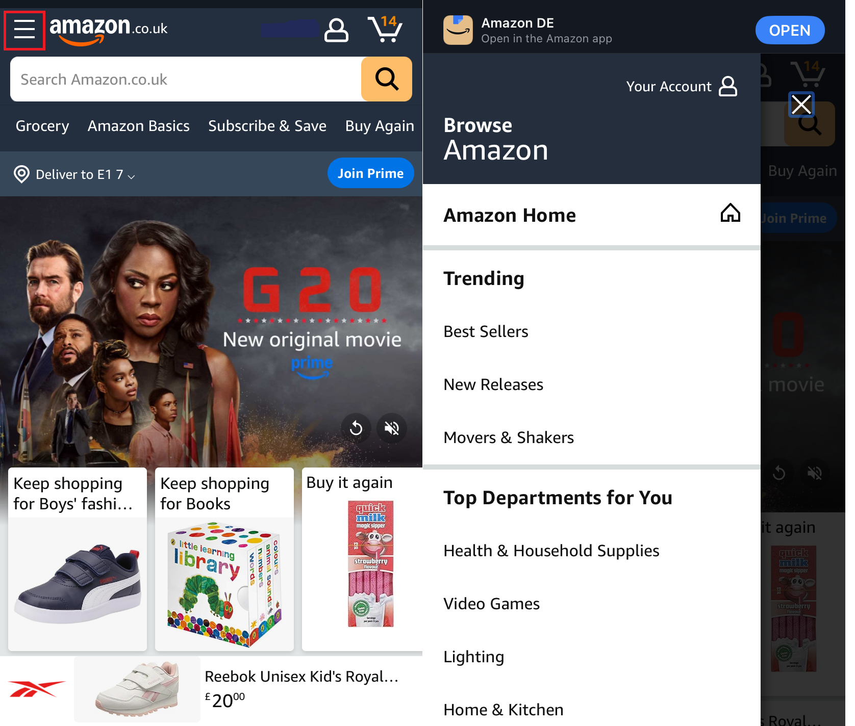 Dropdown navigation on the Amazon website Bild: Dropdown navigation on the Amazon website