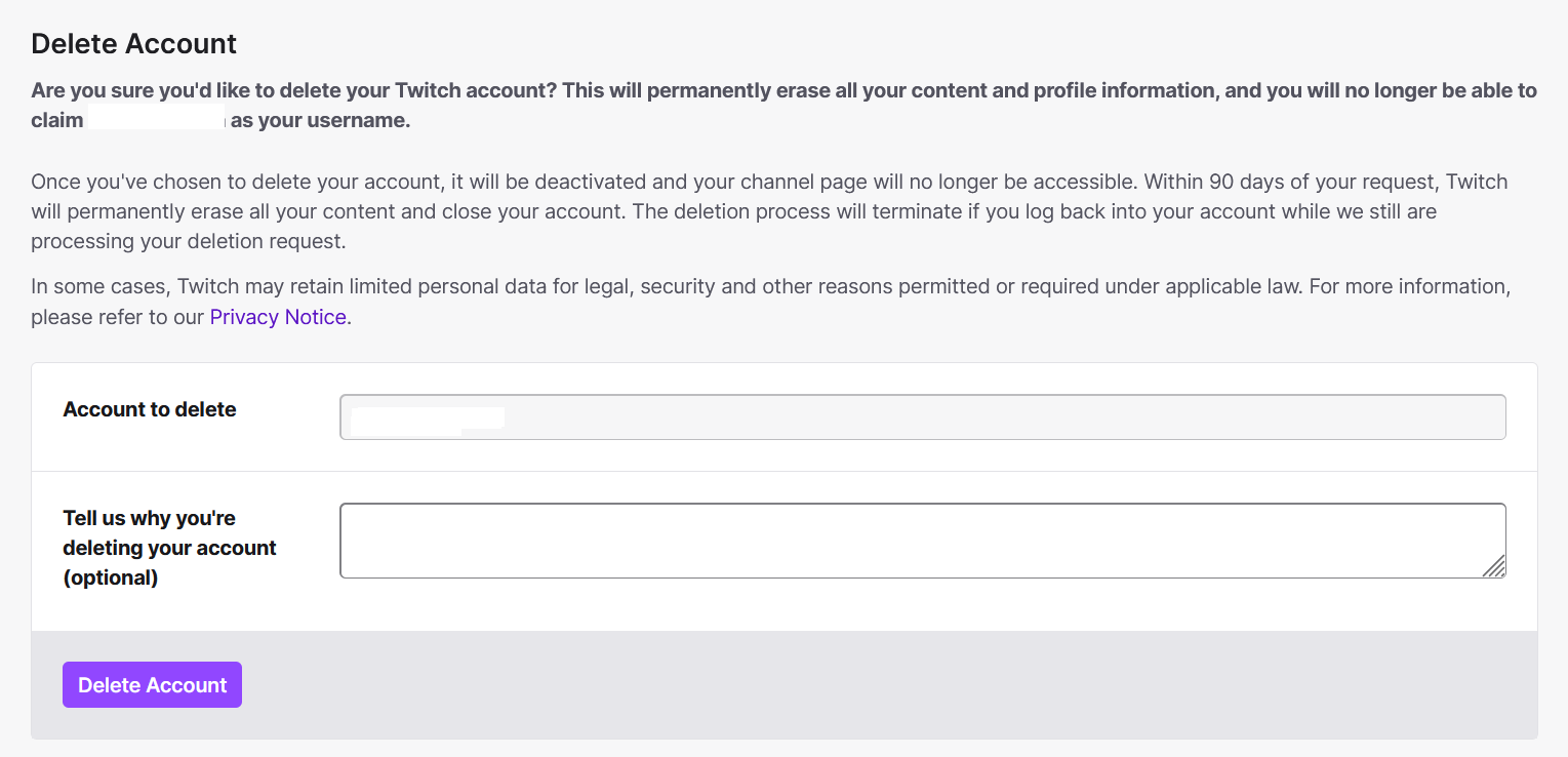 Dialog box for deleting your account on Twitch Bild: Dialog box for deleting your account on Twitch