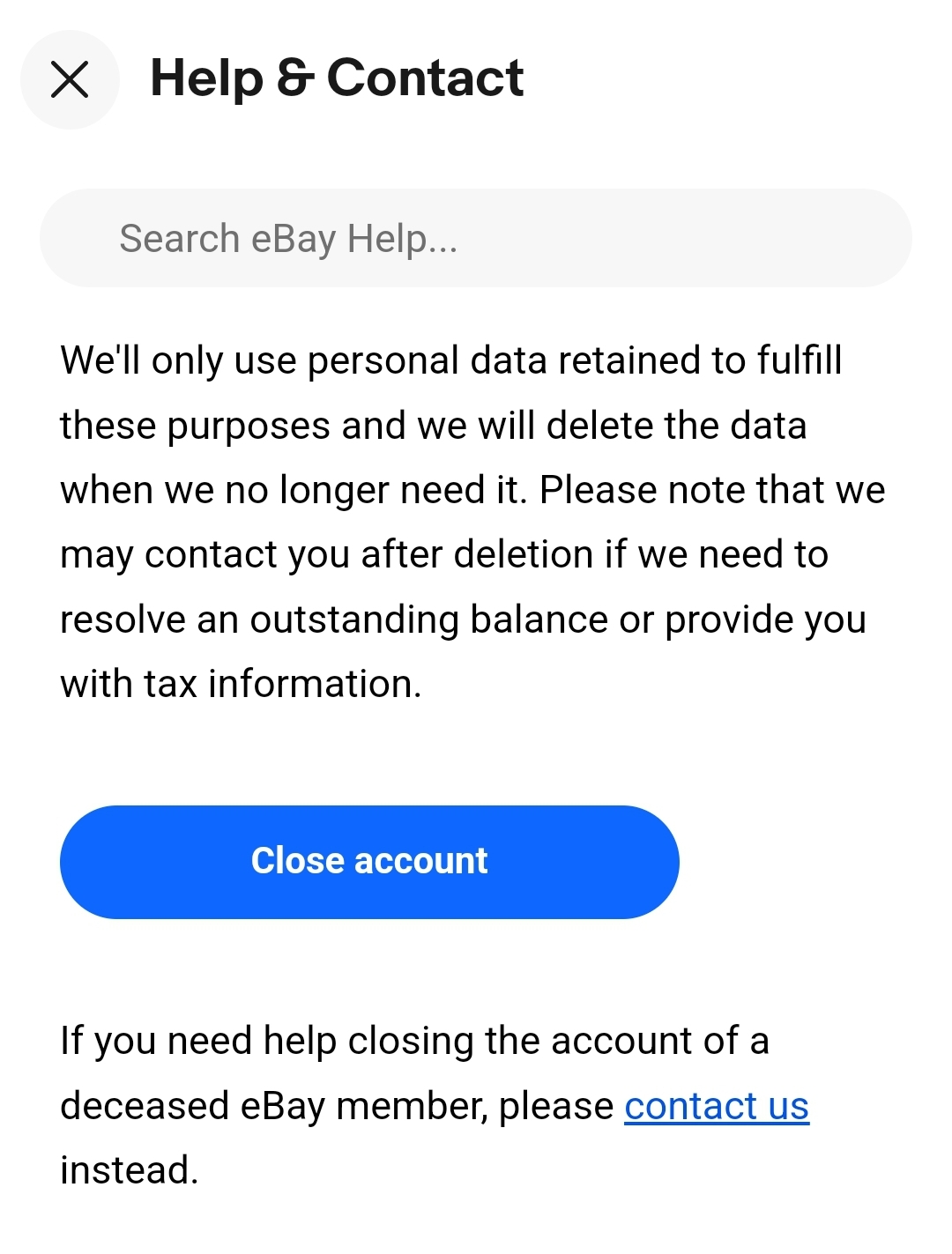 Screenshot of the eBay Help page with the ‘Close account’ button Bild: Screenshot of the eBay Help page with the ‘Close account’ button