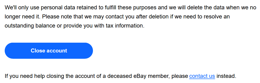 Screenshot of eBay’s help page for closing accounts Bild: Screenshot of eBay’s help page for closing accounts