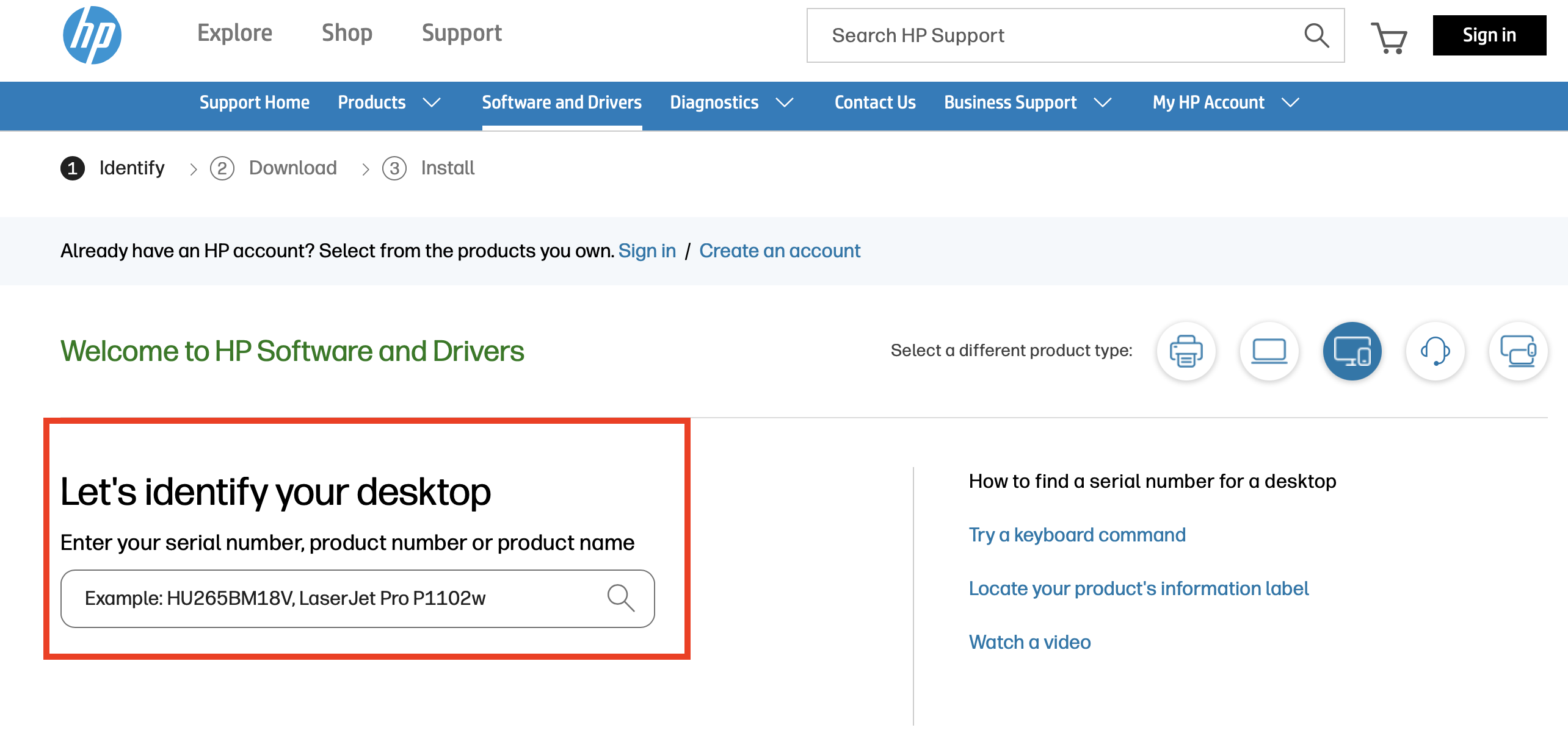 HP website: Search for a product Bild: HP website: Search for a product