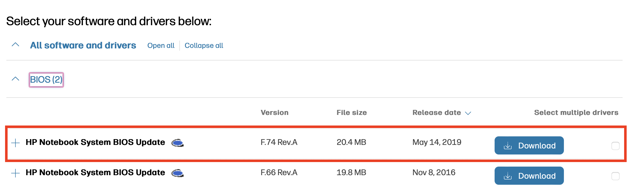 HP website: Select BIOS update Bild: HP website: Select BIOS update