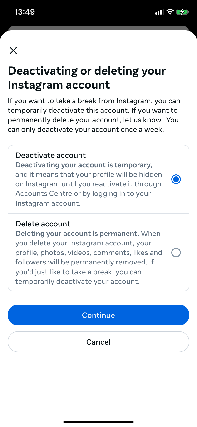 Choose ‘Deactivate account’ or ‘Delete account’ Bild: Choose ‘Deactivate account’ or ‘Delete account’