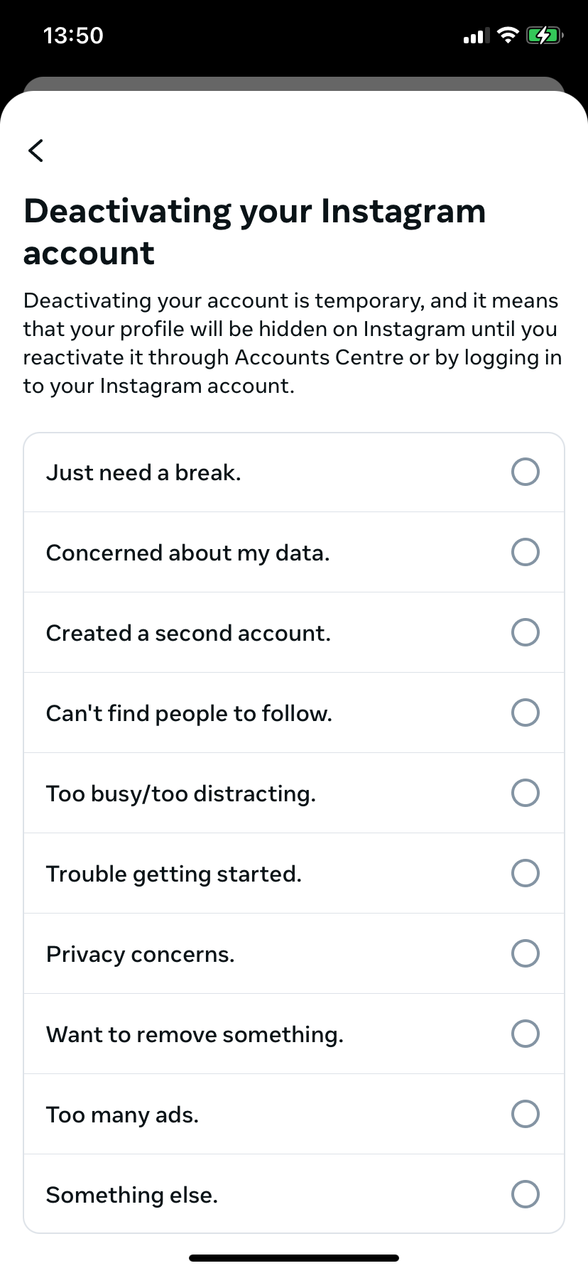 Give a reason for deactivating or deleting your account Bild: Give a reason for deactivating or deleting your account