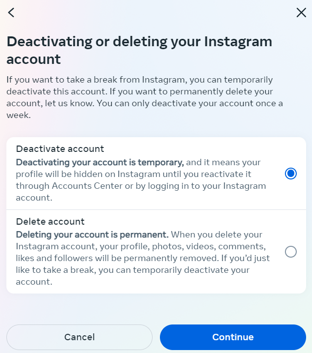 ‘Deactivate account’ Bild: ‘Deactivate account’