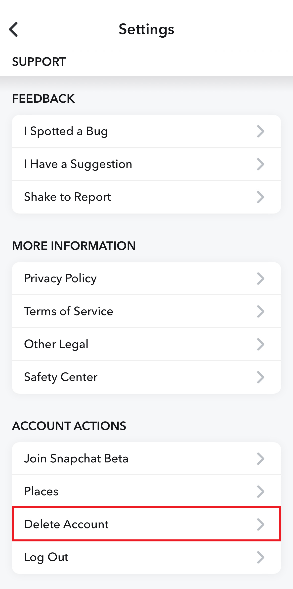 Account actions in Snapchat Settings Bild: Account actions in Snapchat Settings