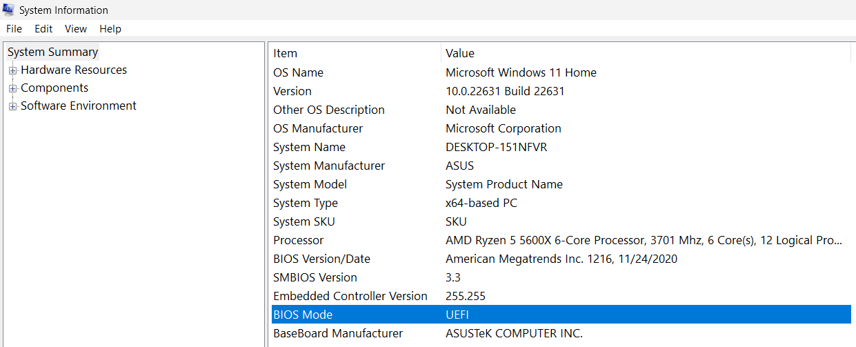 BIOS mode in the Windows 11 system overview Bild: BIOS mode in the Windows 11 system overview
