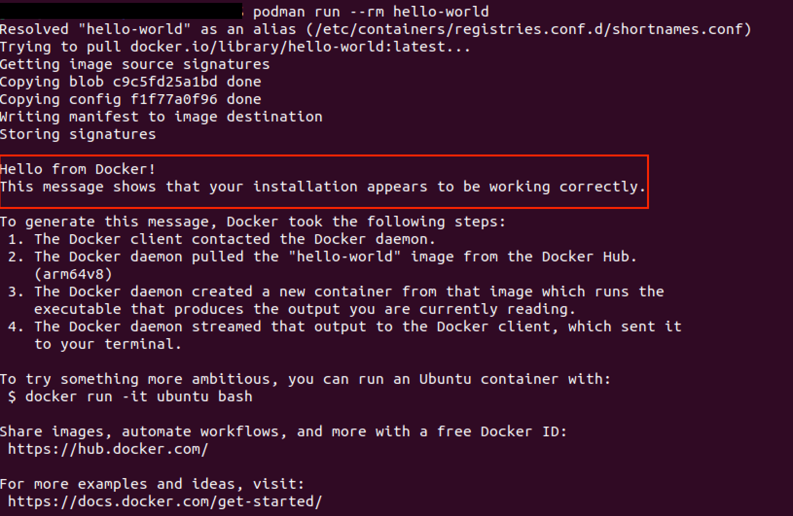 Podman: Successful creation of a test container Bild: Podman: Successful creation of a test container