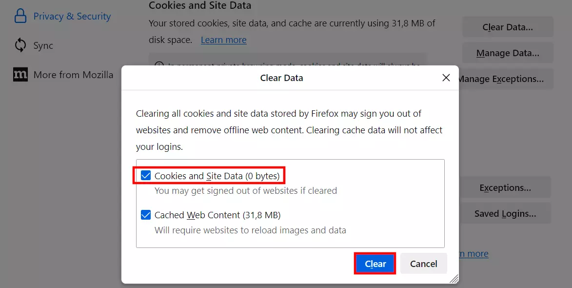 Bild: Clearing cookies in Firefox