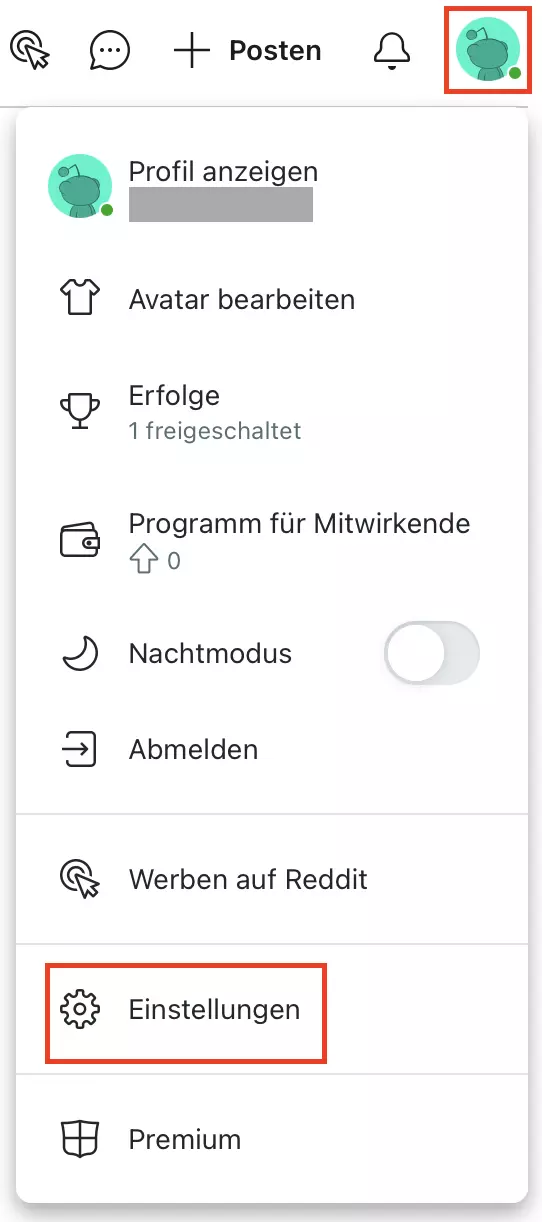 Bild: Reddit-Einstellungen öffnen
