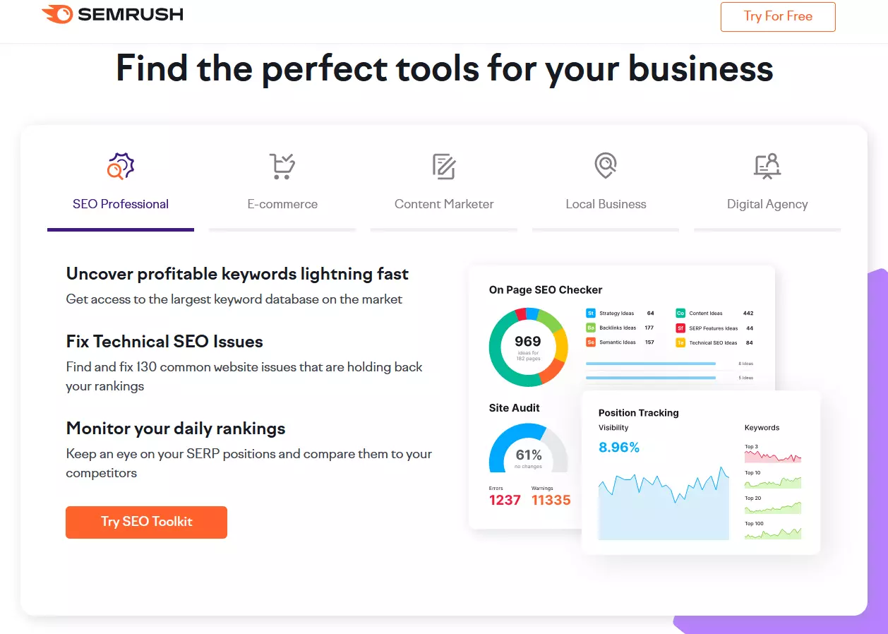 Semrush website with short description of key features Bild: Semrush website with short description of key features