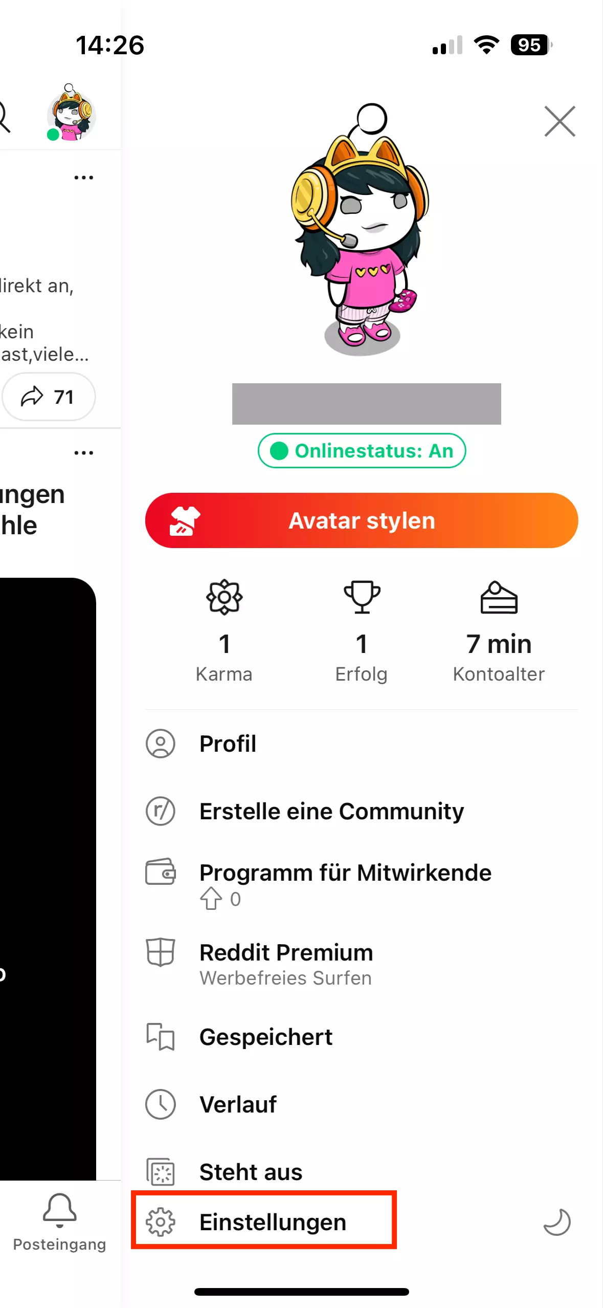 Bild: Reddit: Einstellungen in der App öffnen