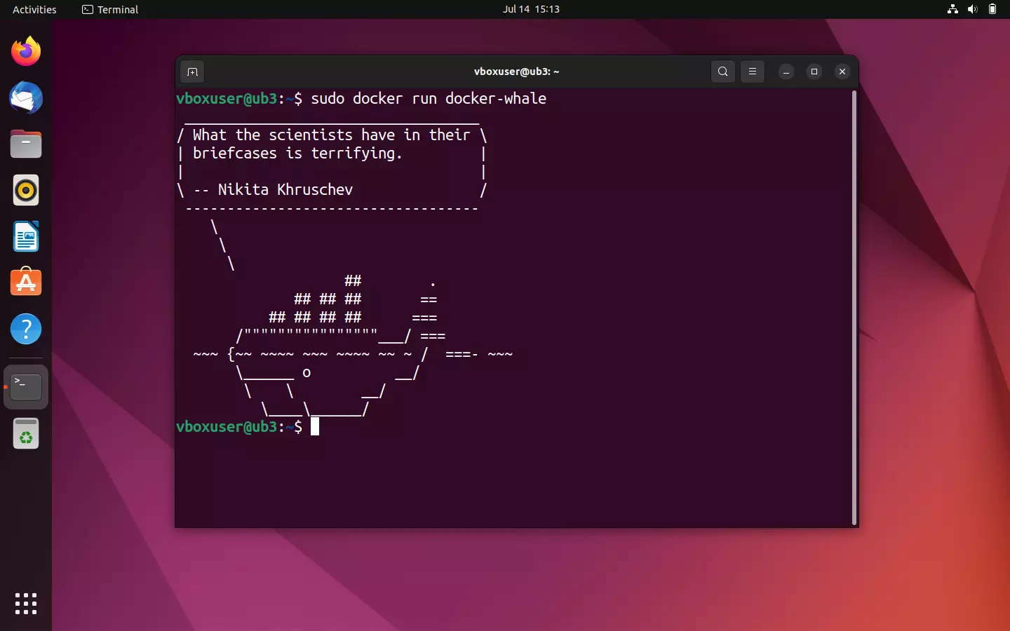 Bild: Container based on docker-whale: Text output in the terminal
