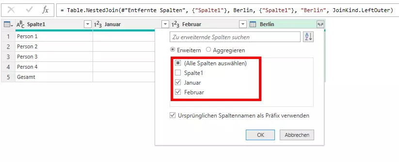 Bild: Spaltenauswahl im Editor anpassen