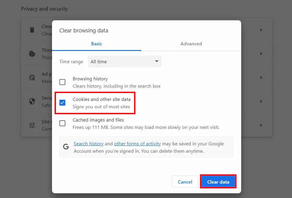 Bild: Clearing cookies in Chrome