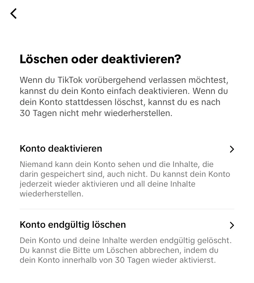 Bild: TikTok-Fenster: Frage nach Löschen oder deaktivieren