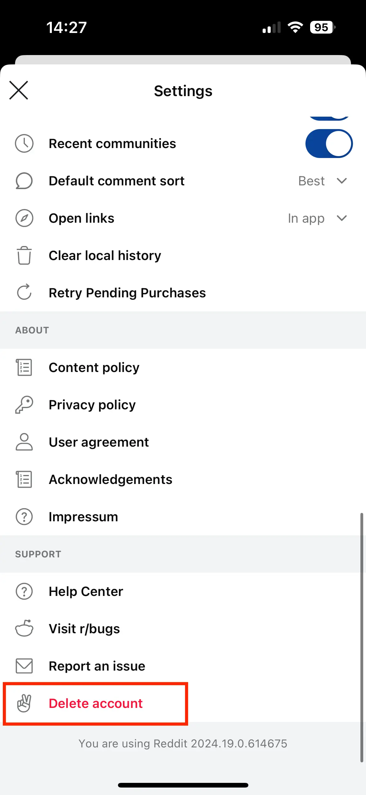 Bild: Reddit: Delete account in the app