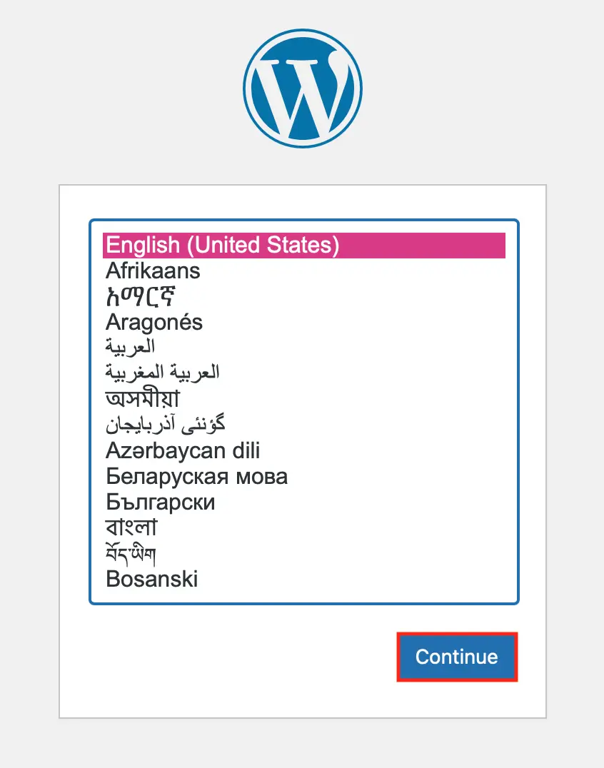 Screenshot showing the WordPress language selection Bild: Screenshot showing the WordPress language selection
