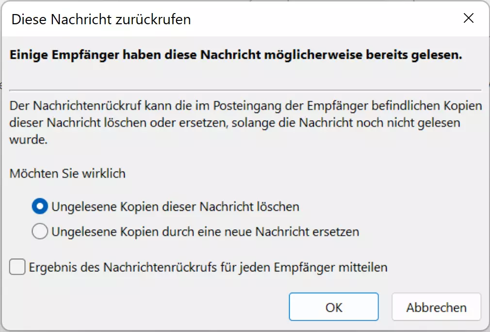 Bild: Auswahlmenü der Rückruf-Option