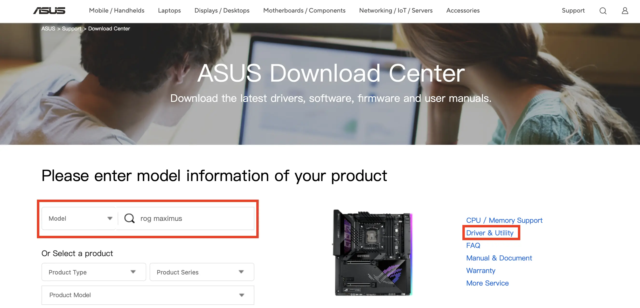 ASUS Website: Finding your motherboard Bild: ASUS Website: Finding your motherboard