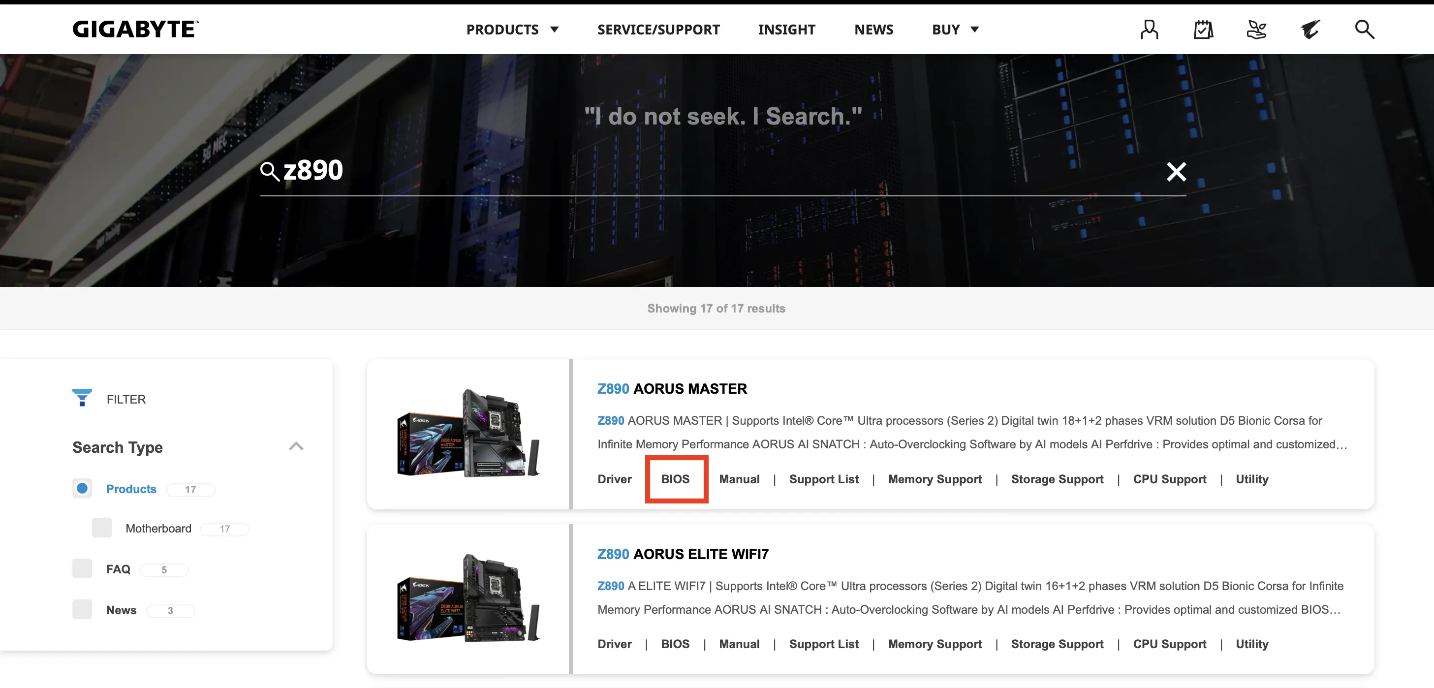 Bild: Search for your motherboard on the Gigabyte website