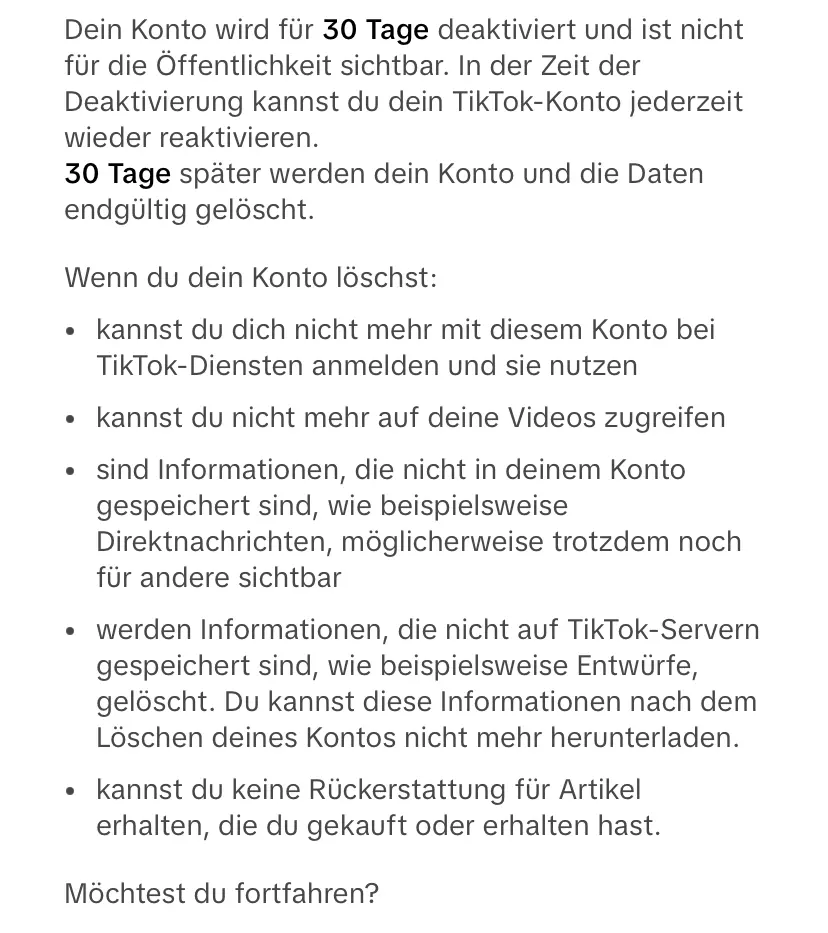 Bild: Informationstext zum TikTok-Konto-Löschen
