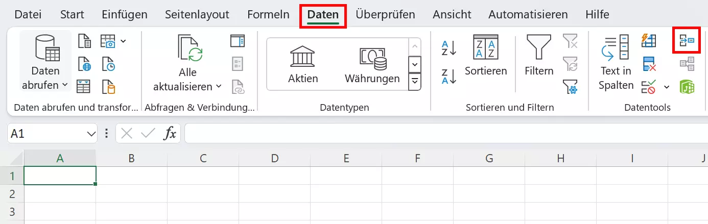 Bild: Über „Daten“ und „Datentools“ zu „Konsolidieren“ navigieren
