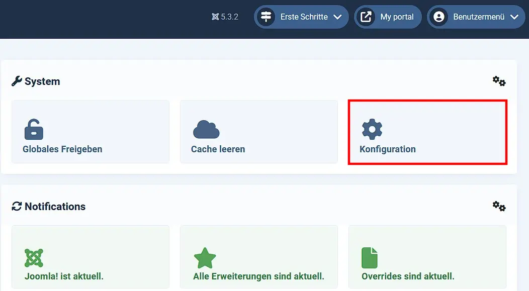 Bild: „Konfiguration“-Schaltfläche im Joomla-Backend