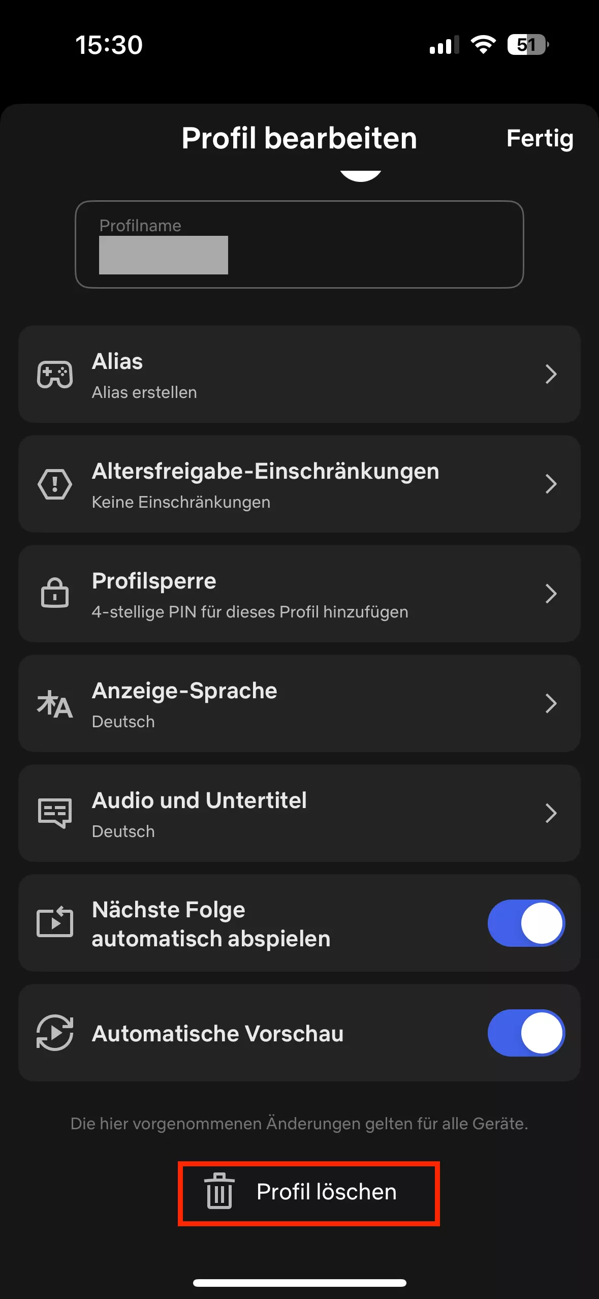 Bild: Netflix-App: Profil löschen
