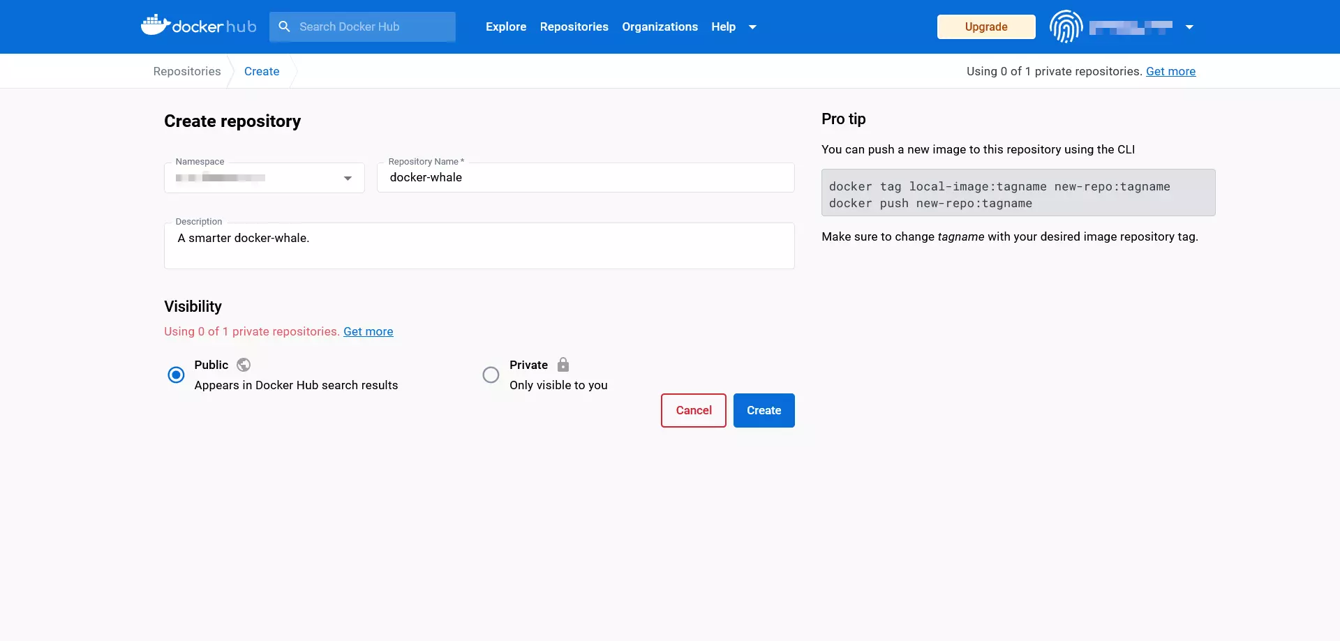 Bild: The Docker hub: Entry form for creating a repository