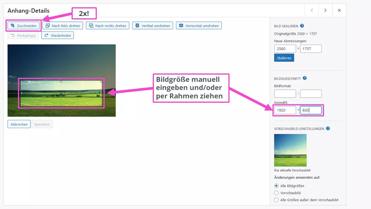 Bild: Festlegen der neuen Bildgröße in der WordPress-Mediathek