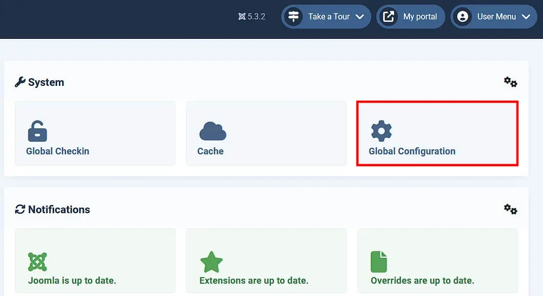 ‘Global Configuration’ button in the Joomla backend Bild: ‘Global Configuration’ button in the Joomla backend