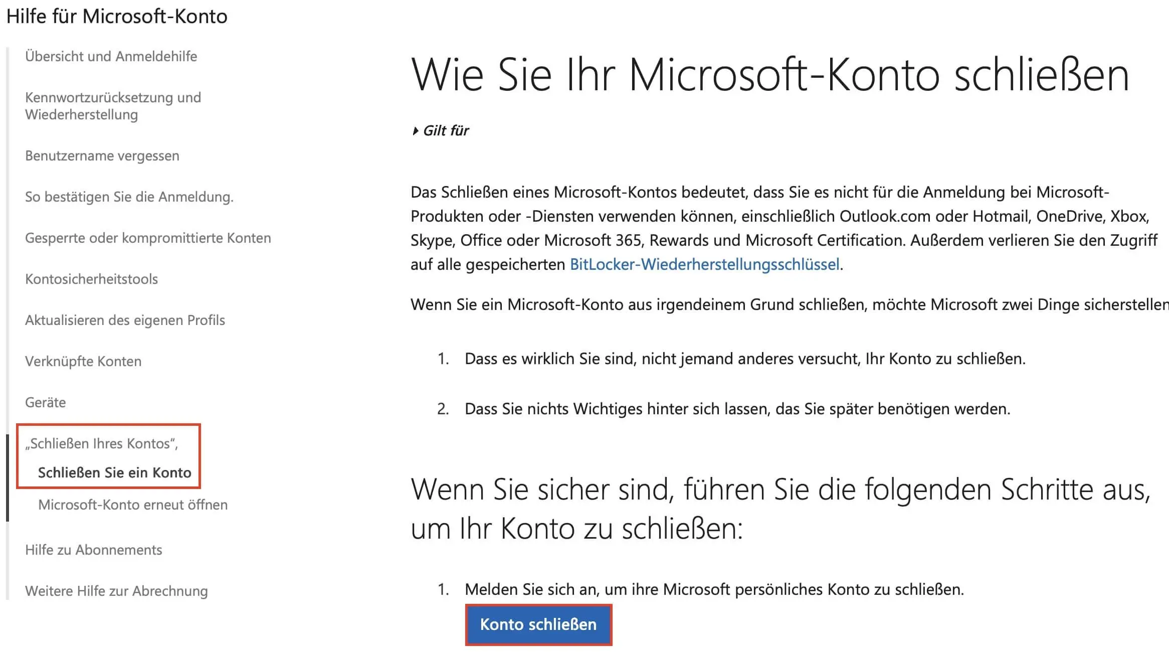 Bild: Microsoft-Supportseite zur Kontoschließung