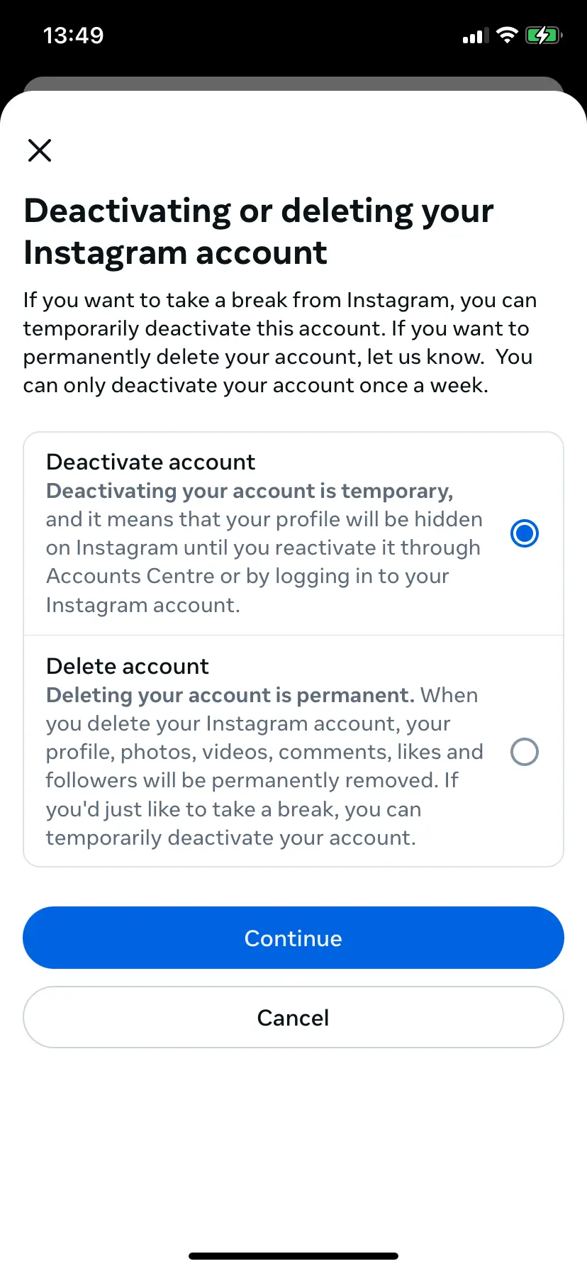 Choose ‘Deactivate account’ or ‘Delete account’ Bild: Choose ‘Deactivate account’ or ‘Delete account’