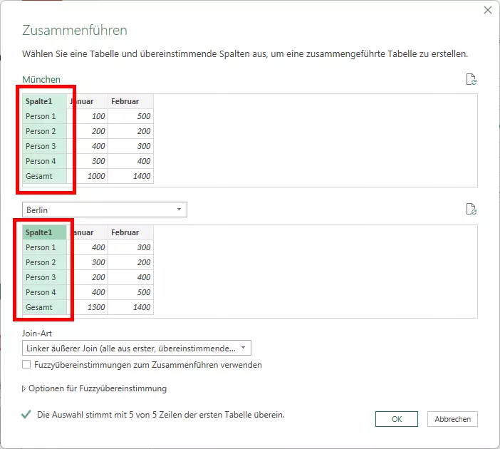 Bild: Identische Spalten für die Verknüpfung wählen