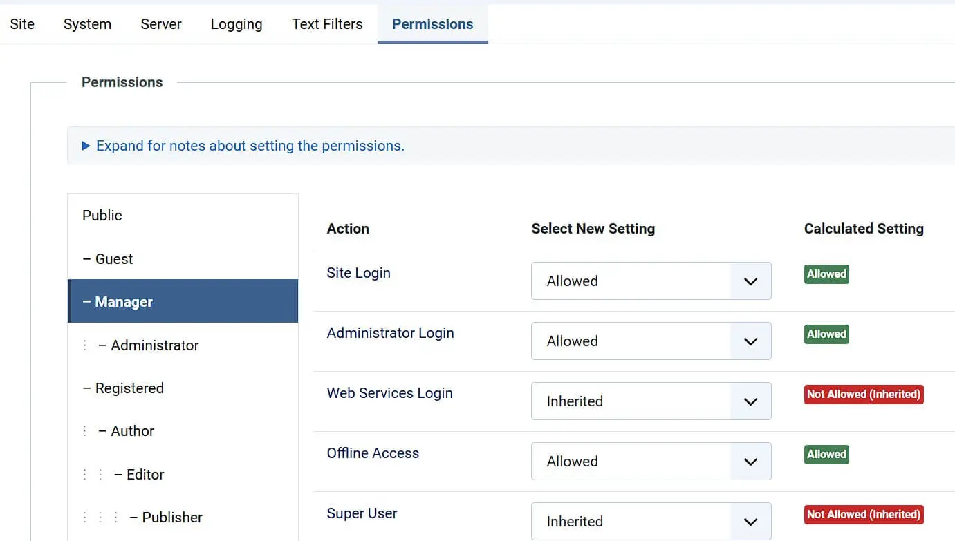 Joomla: Permission settings for user groups Bild: Joomla: Permission settings for user groups
