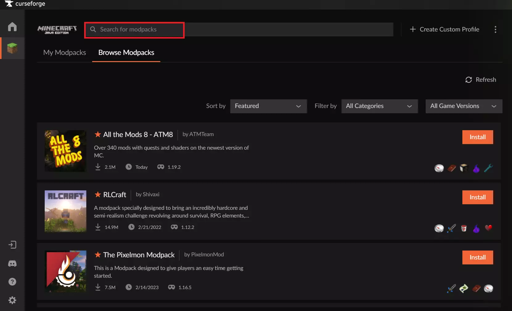 Curse Forge overview Bild: Curse Forge overview