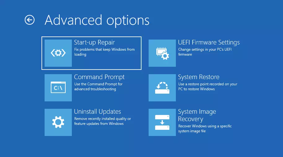 Afbeelding: Screenshot of advanced options in the Windows 11 troubleshooting environment