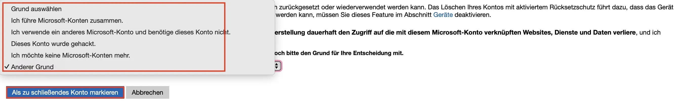 Bild: Grund für die Schließung angeben