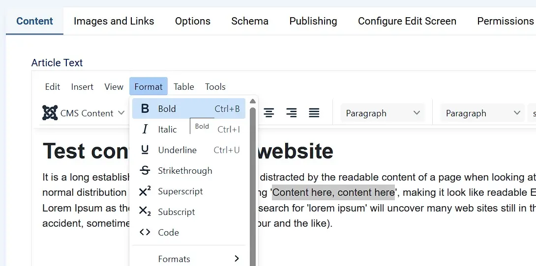 Editing post content in Joomla Bild: Editing post content in Joomla