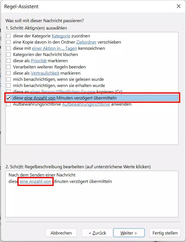 Bild: Regel-Assistent: Nachricht um eine Anzahl von Minuten verzögert übermitteln