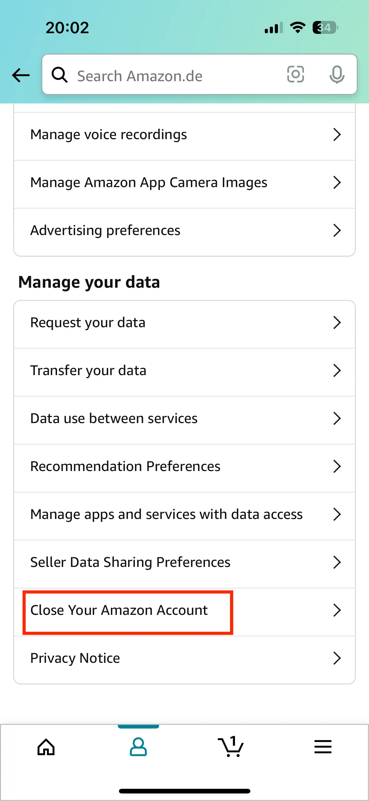 To delete your account, go to ‘Manage your data’ in the menu. Bild: To delete your account, go to ‘Manage your data’ in the menu.