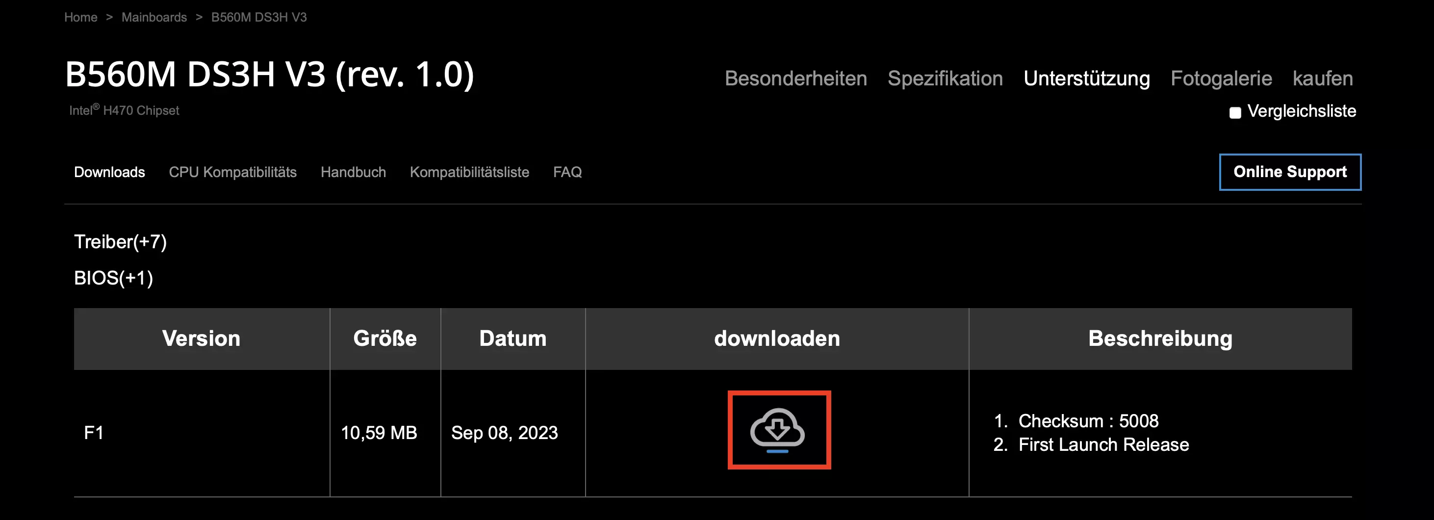 Bild: Gigabyte Website: BIOS-Version suchen