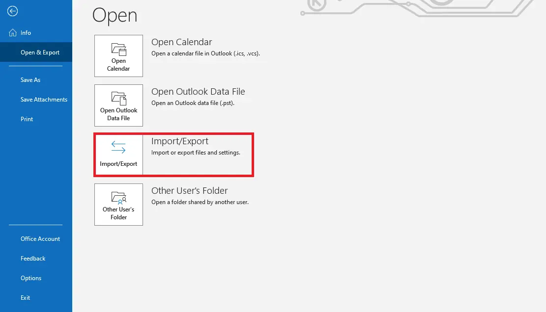 ‘Open & Export’ submenu in Outlook 365 Bild: ‘Open & Export’ submenu in Outlook 365
