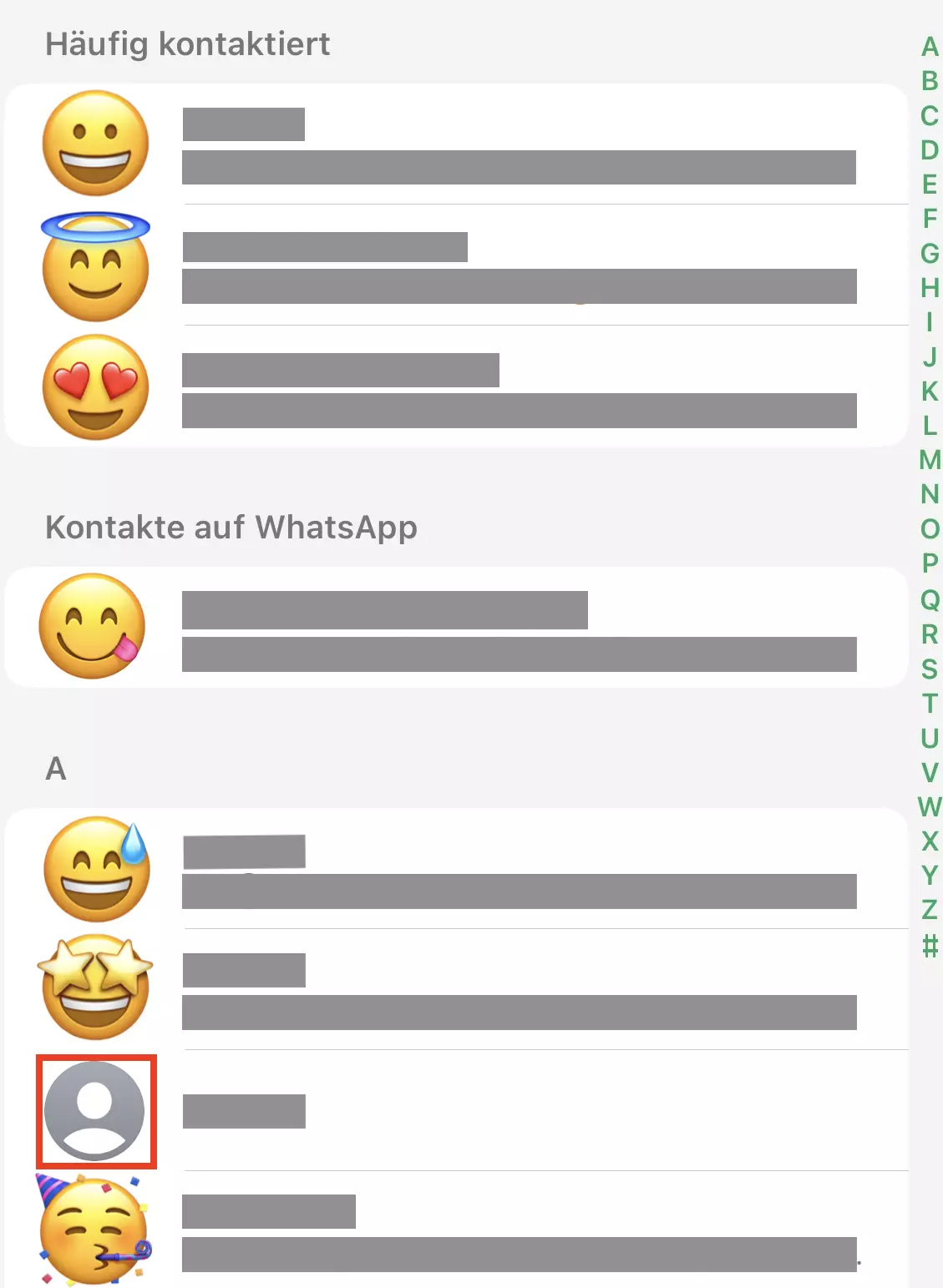 Bild: Screenshot der Kontaktliste bei WhatsApp
