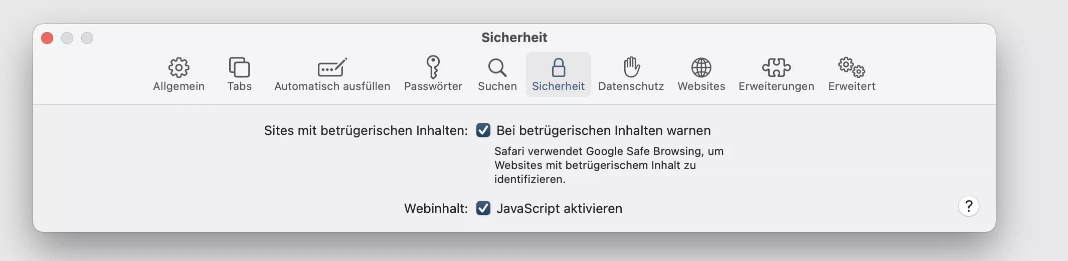 Bild: Screenshot der Safari-Sicherheitseinstellungen
