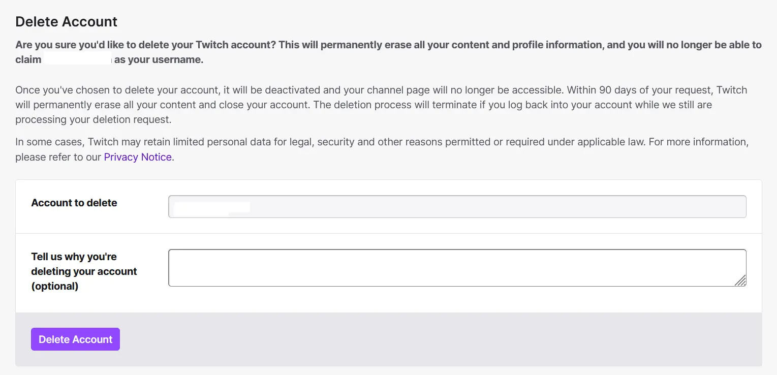 Dialog box for deleting your account on Twitch Bild: Dialog box for deleting your account on Twitch