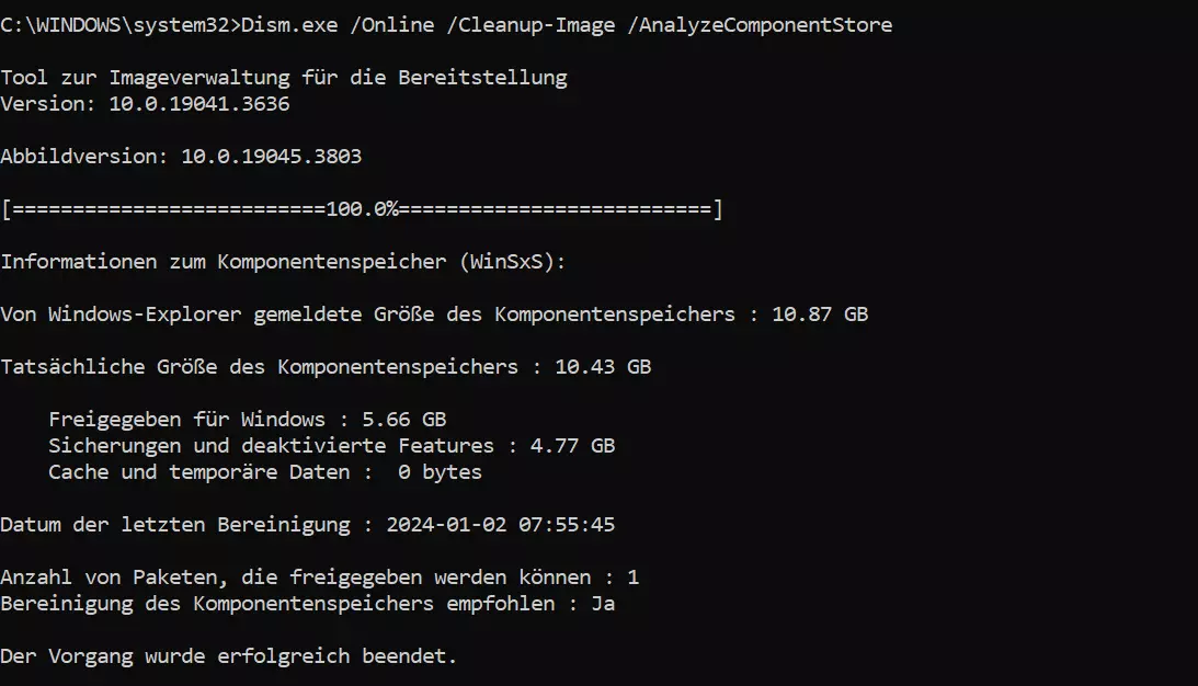 Bild: DISM-Analyse des WinSxS-Ordners in Windows 10