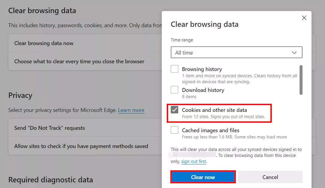 Bild: Clearing cookies in Edge