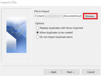 Outlook 365: ‘Import a File’ menu Bild: Outlook 365: ‘Import a File’ menu